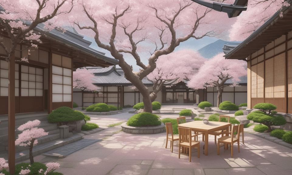 AI generated: Courtyard painted with tables, chairs and blossom trees, detailed scenery, beautiful anime scenery, ...