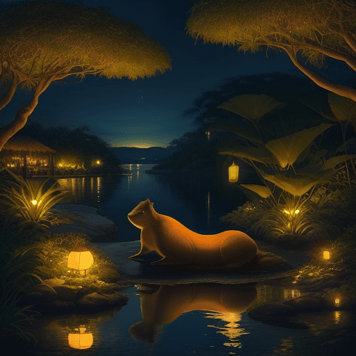 AI generated: a serene oasis where capybara lounge by the water, surrounded by exotic plants and glowing biolumine...