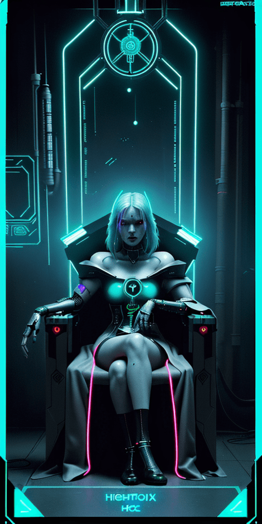 AI generated: Cyberpunk the high priestess Tarot Card, , High Contrast, Neon, Cyberpunk, Futuristic, Sci Fi, Borde...
