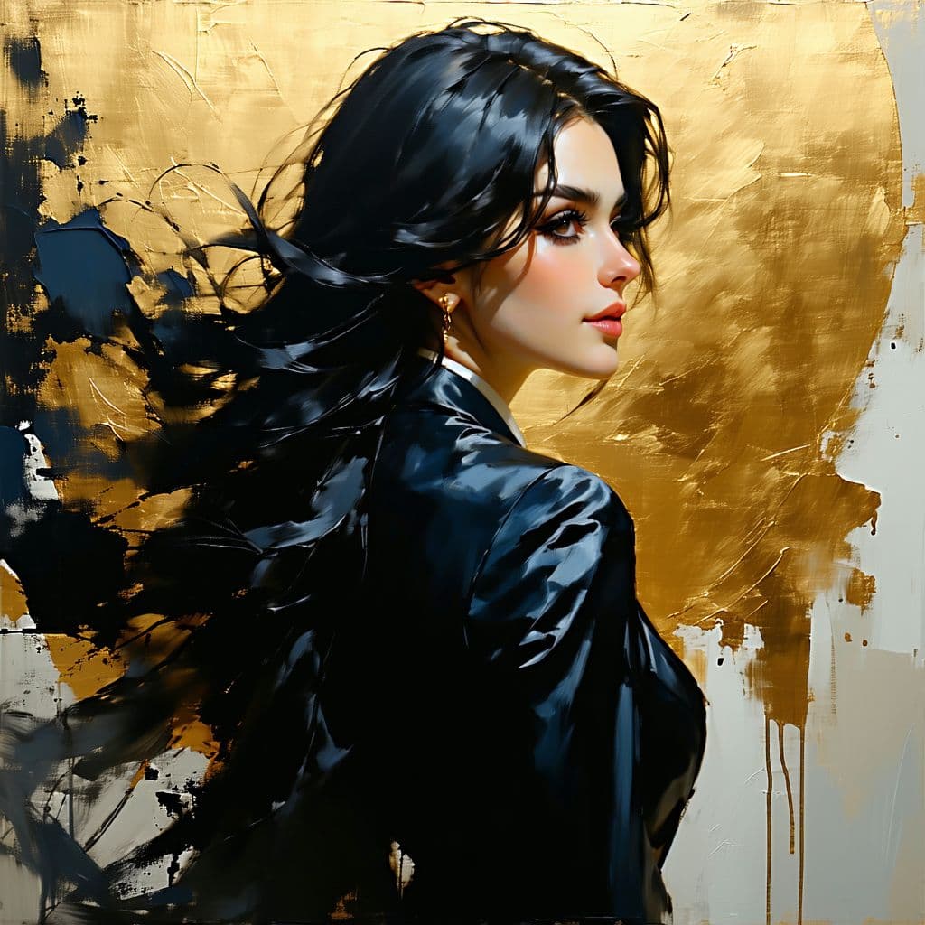 AI generated: a woman with long black hair in a gold painting, in the style of charlie bowater, dark blue and dark...