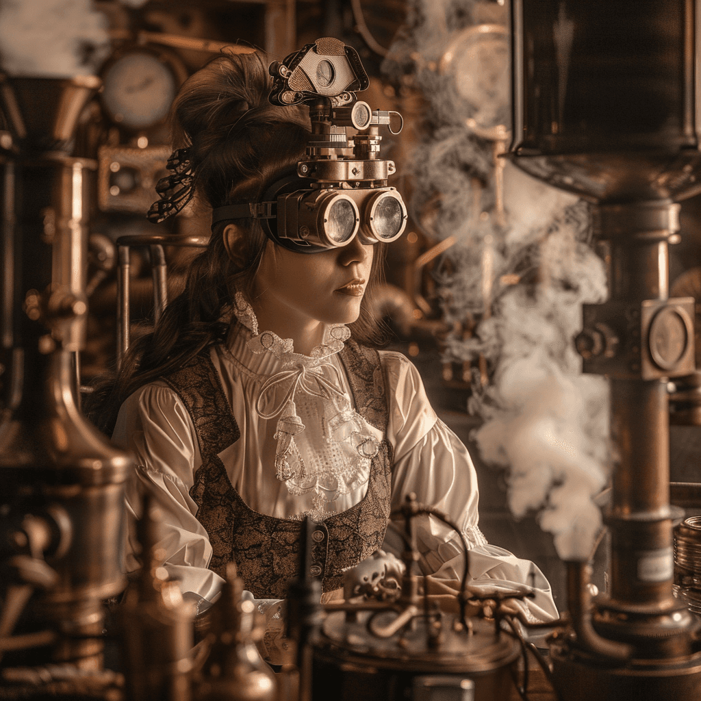 AI generated: A steampunk inventor in her workshop surrounded by brass gadgets and swirling steam, wearing intrica...