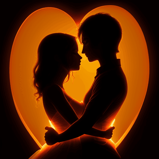 AI generated: Two lovers intertwined in a passionate embrace, their silhouettes illuminated by a warm, orange glow...