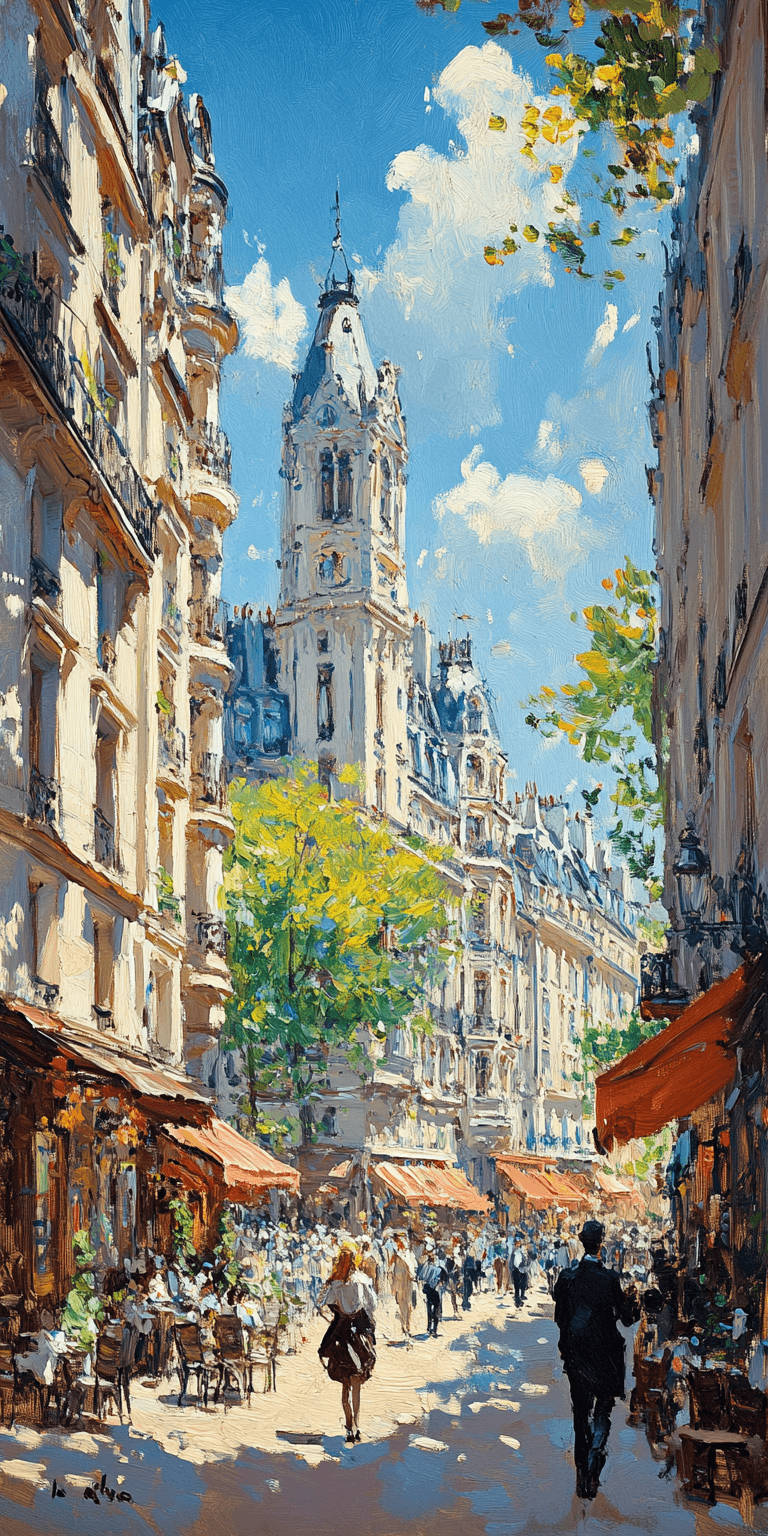 AI generated: Paris street painting, in the style of Childe Hassam, soft pastel coloration and a sunny day, tall b...