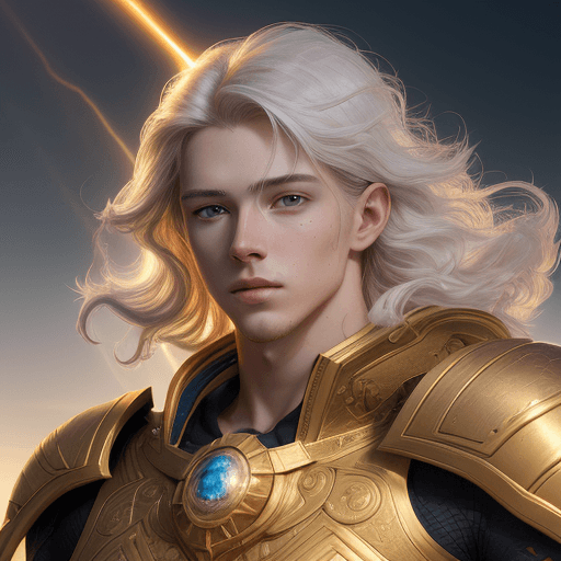 AI generated: 25 y/o man, enbodyment of the sun, sunrays for hair, golden skin, portrait, centered, detailed chara...