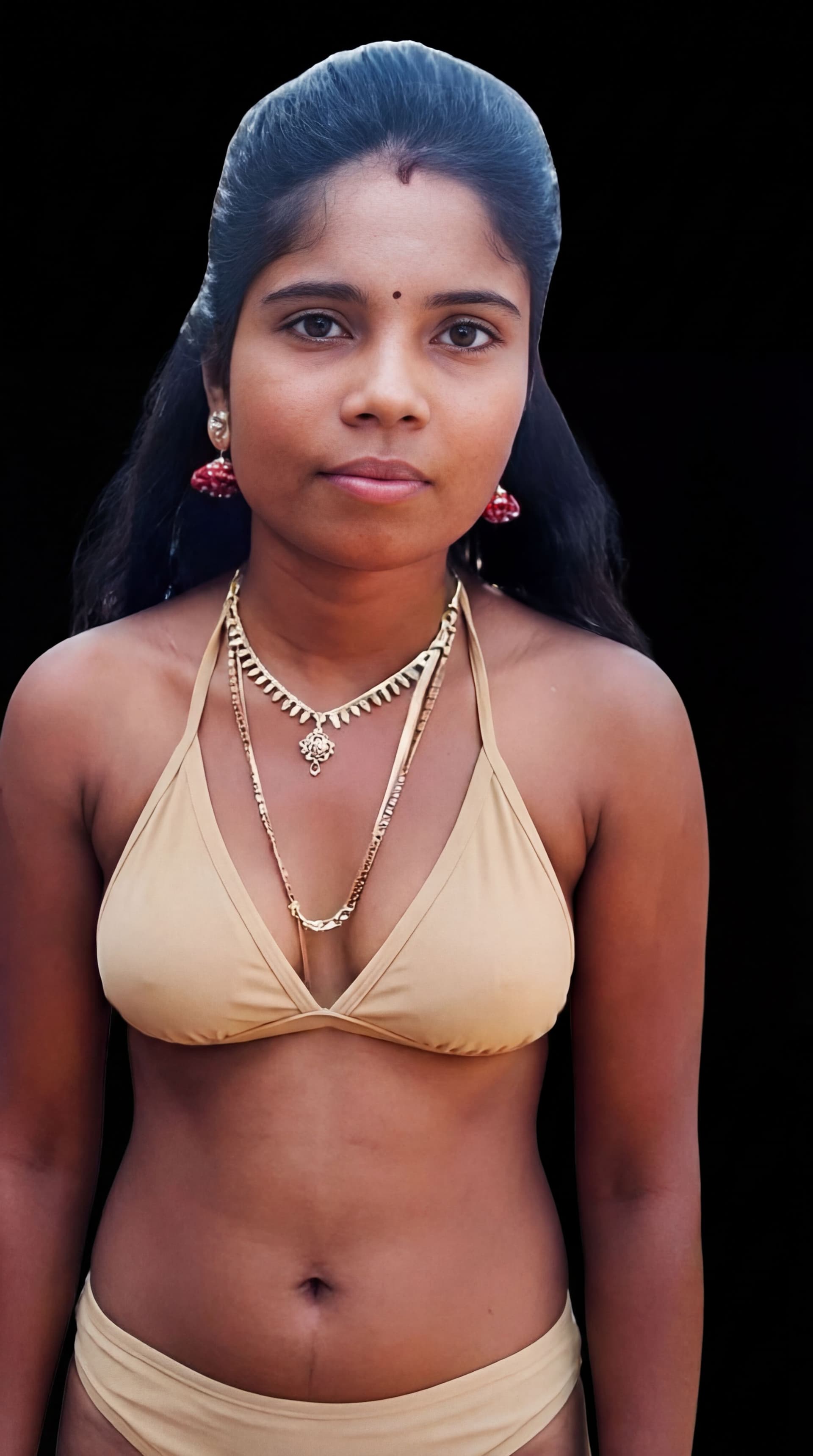 AI generated: Change the dress dress is sand color bikini 