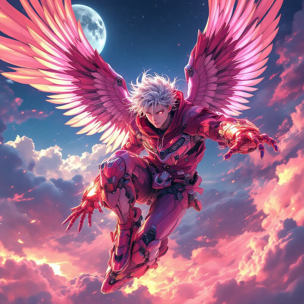 AI generated: Makoto Shinkai styled anime, adult man, transforming into Evangelion Demonic Demon inspired mecha, f...