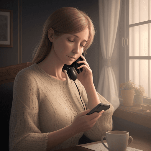 AI generated: woman making a phone call, cozy atmosphere; 8k, intricate detail, photorealistic, realistic light