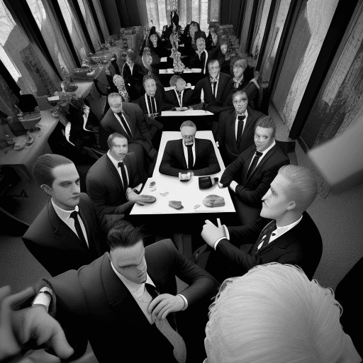 AI generated: black and white. distorted, men in suits sitting behind the table, many faces staring at you, in sui...
