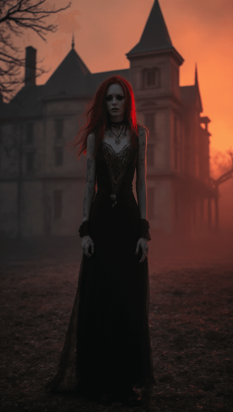 AI generated: Full-body shot of a young thin woman with copper-colored hair, pale skin, black-painted eyes, a sini...