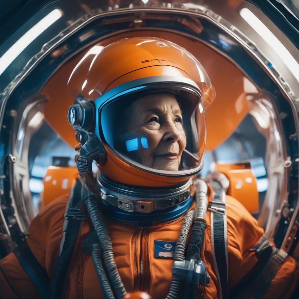 AI generated: highest quality photo of grandmother space explorer (orange:5), (blue:6) (tight jumpsuit), alien sky...