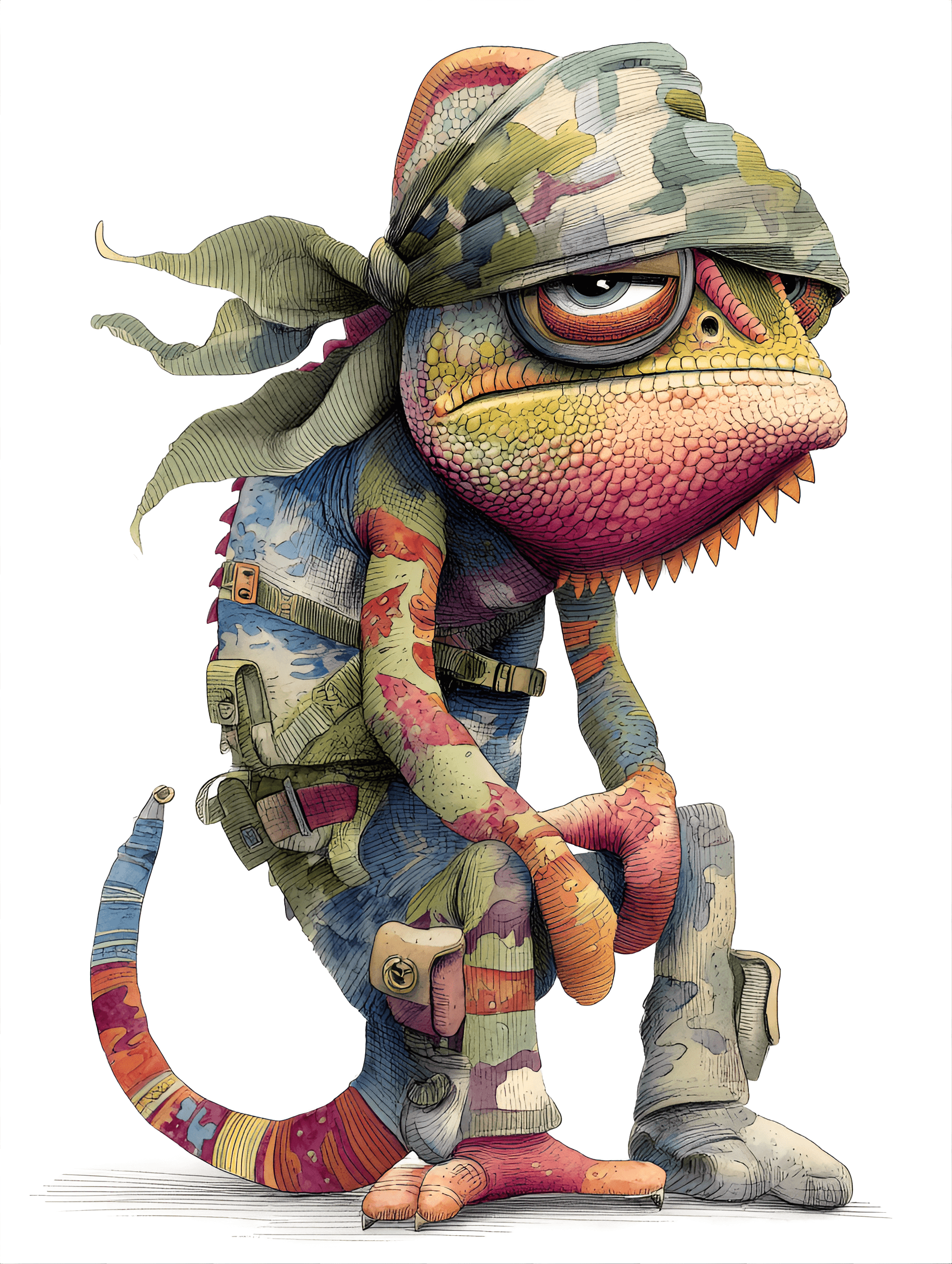 AI generated: funny caricature, chameleon animal caricature, juvenile exotic male, 2 years old, colorful scales, c...