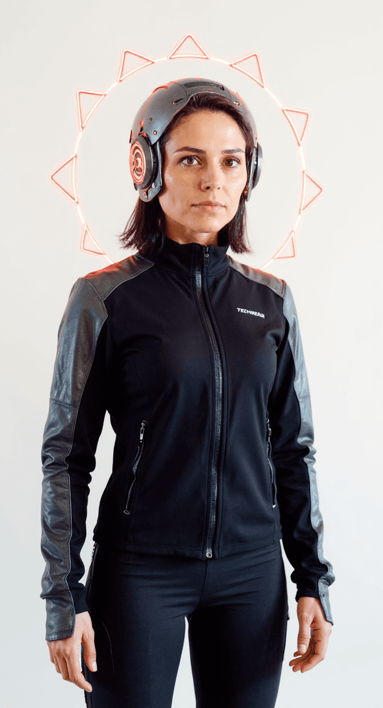 AI generated: Futuristic cyborg girl featuring a captivating cybernetic helmet adorned with vibrant triangular red...