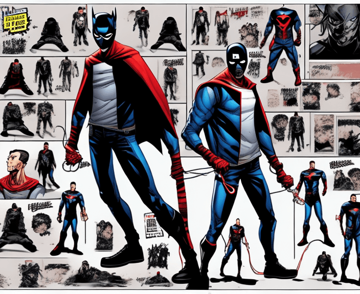AI generated: Charachter sheet of a marvel comics hero, 360 view ,full body with face,discret man with japan urban...