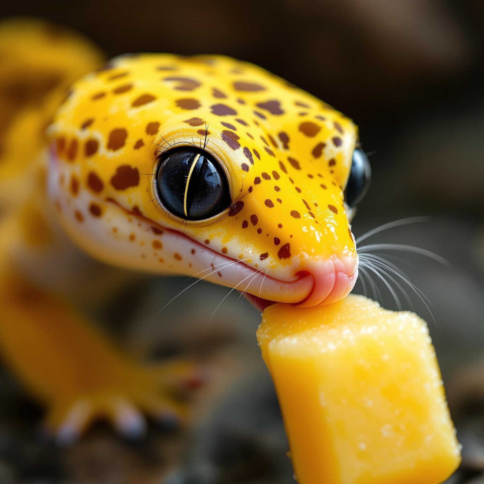 AI generated: A high-quality image of a leopard gecko that’s all yellow with no black on his yellow skin. His eyes...