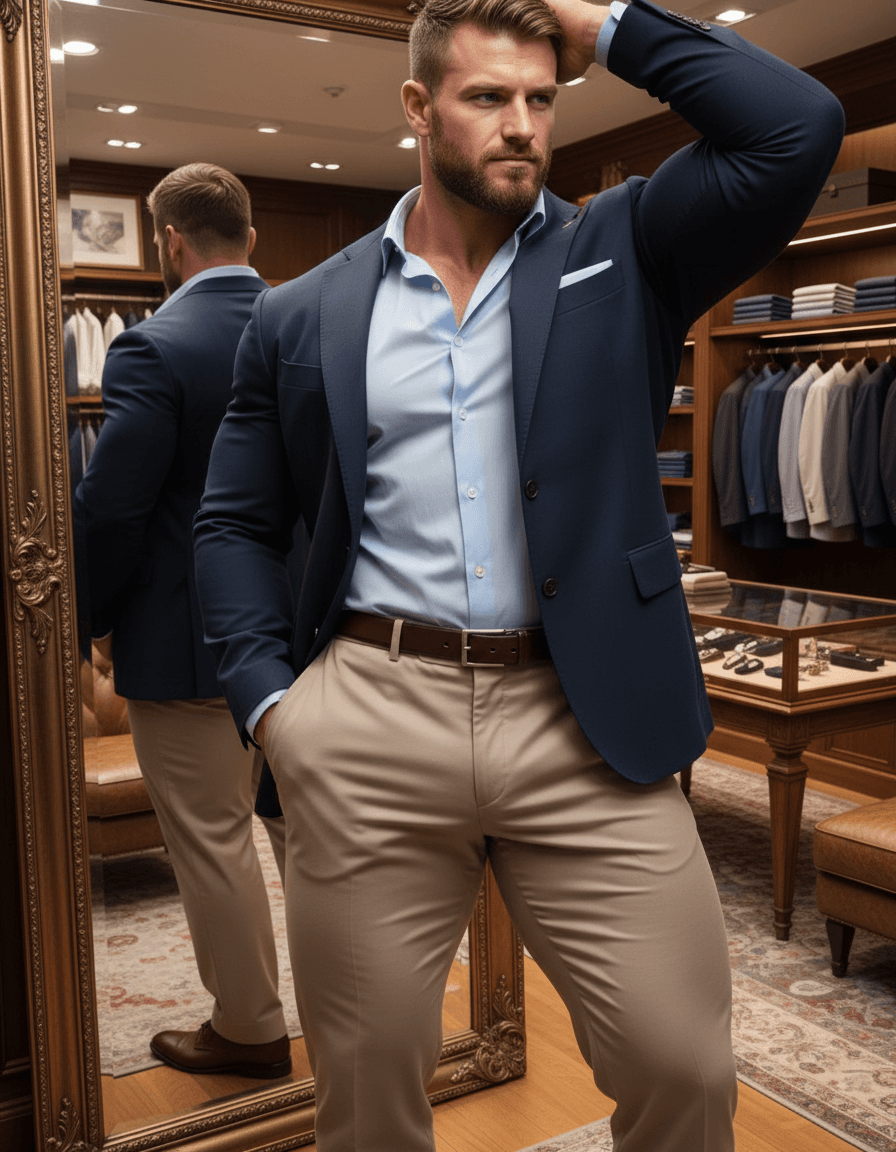 AI generated: At a very luxurious men's clothing store, the bodybuilder is white male, 6 feet 4 inches tall, he ha...