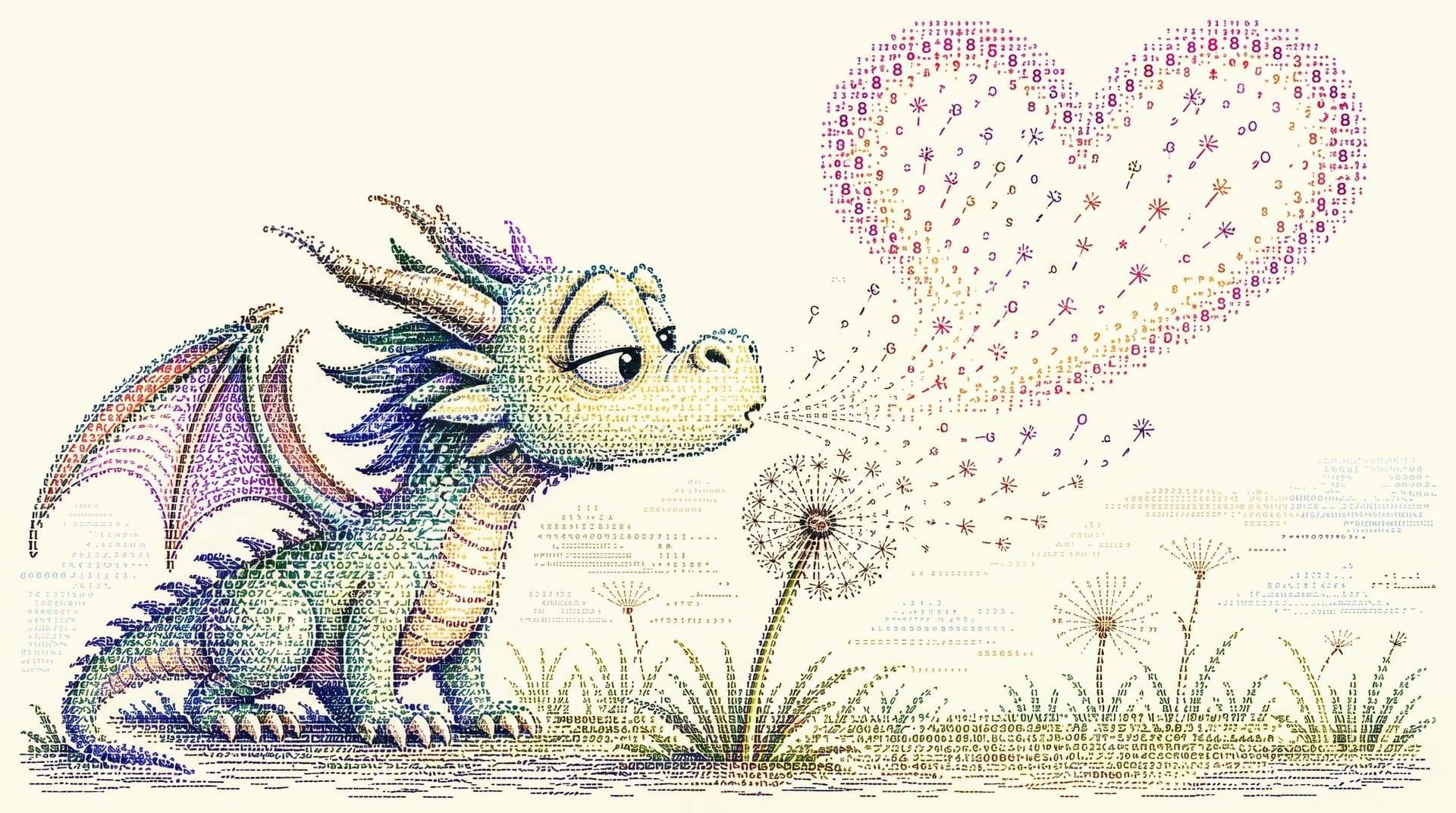 AI generated: using the images create A whimsical cartoon image of an animated dragon sniffing a dandelion, depict...