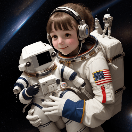 AI generated:  an astronaut girl and her small robot friend 
hugging insde a space station
 

