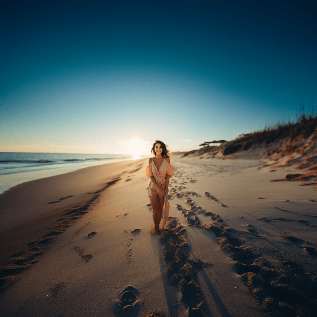 AI generated: healthy lady smiling on the beach in light clothes