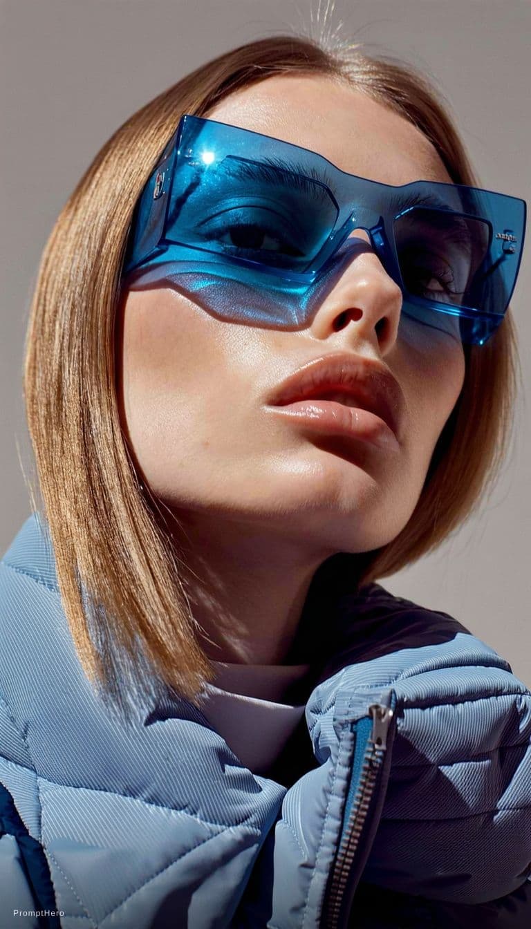 AI generated: Fashion shoot, Jacquemus and Moncler collaboration: dark blue translucent futuristic sunglasses, hyp...