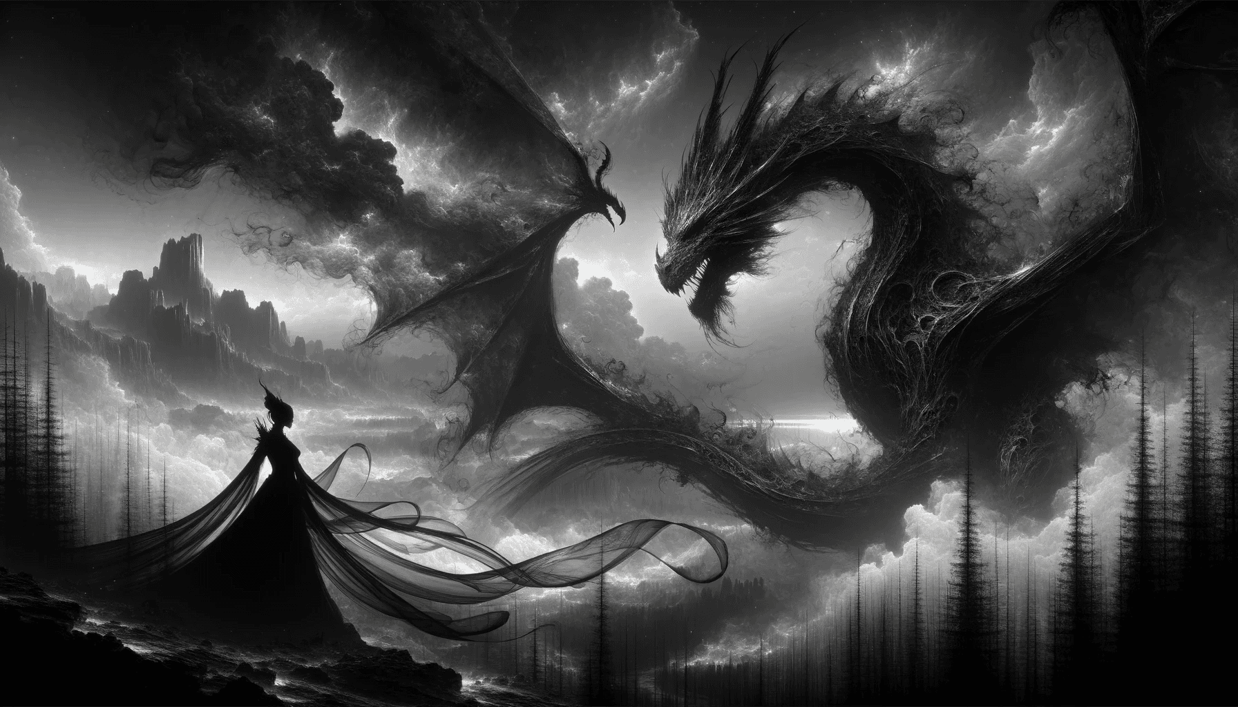 AI generated: Create a hyper-maximalist, cinematic painting depicting a dragon and its queen in a theme of shadows...