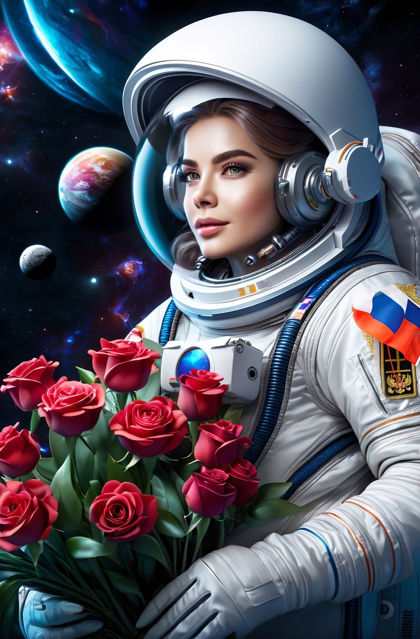 AI generated: (a russian woman in a space suit:1.3), (Russian coat of arms:1.2), (holding a bouquet of flowers:1.2...