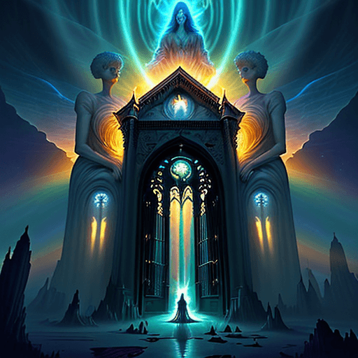 AI generated: a comics rendition inspired by the fantasy artist Neil Gaiman, showcasing the majestic gates of heav...