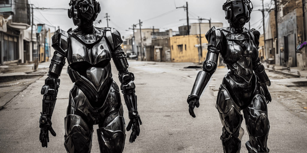 AI generated: black armed female figure in sci-fi battle armor with cybernetic helmet,   plate armor, insulated ar...
