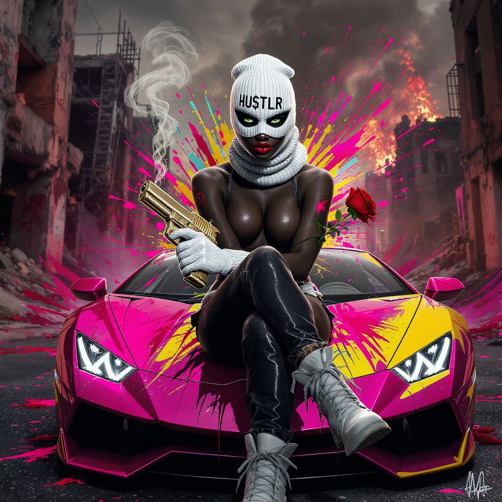 AI generated: pov full body of a sexy light skinned black latina woman wearing a white criminal ski mask, emblemed...
