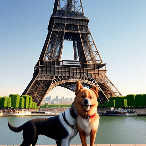 AI generated: una señorita frente a la torre eiffel que este con su perro y que al costado este un barco grande