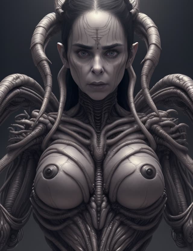 AI generated: Sarah Silverman in the style of HR Giger from the movie Alien, beautiful organic biotech cyborg soft...