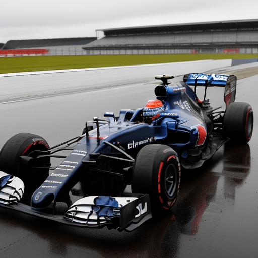 AI generated: a formula 1 driver with his car by his side, the red and blue car, in silverstone, on a rainy day