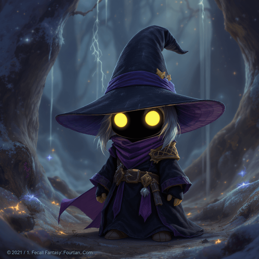 AI generated: A cute little Final Fantasy IX-style black mage. A large, pointy, wide-brimmed hat covers his eyes, ...
