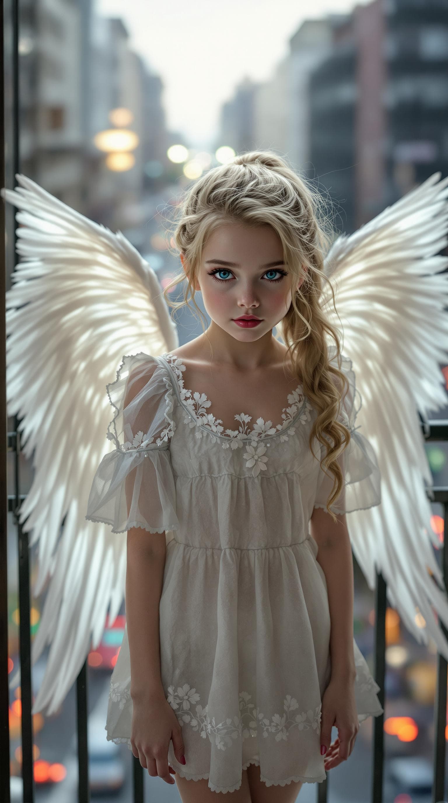AI generated: a realistic photo of (age 9), (nine year old), Chloë Grace Moretz as a guardian angel, highly detail...