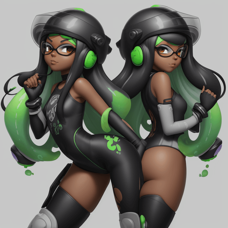 AI generated: inkling goddess, Splatoon long hair, dark skin, leotard, thick thighs, speakers on helmet headset, s...