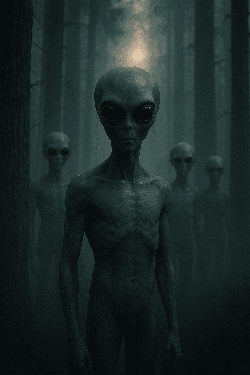 AI generated: A cinematic, depicting a group of grey aliens standing silently in a misty forest clearing at twilig...