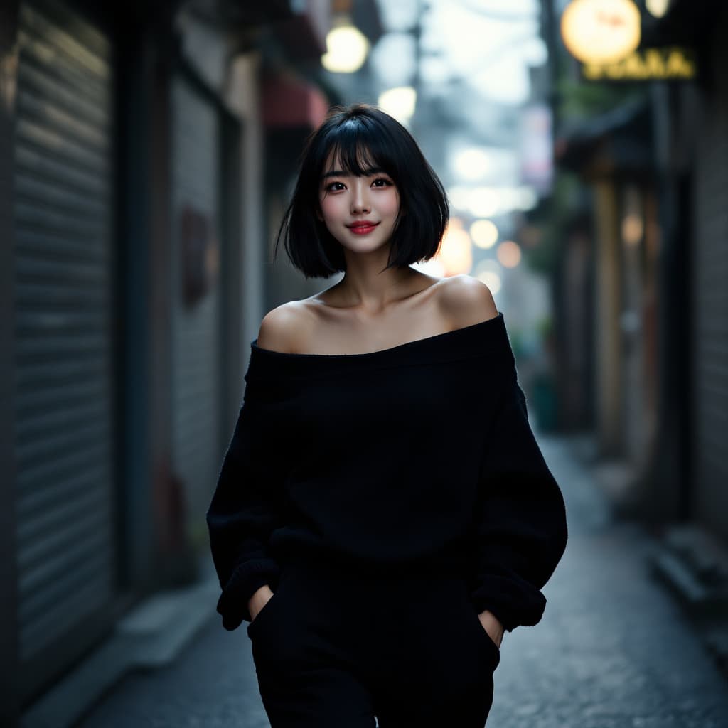 AI generated: a Japanese girl ,  thick eyebrows, dynamic pose,  short black hair with very long bangs, wearing a b...