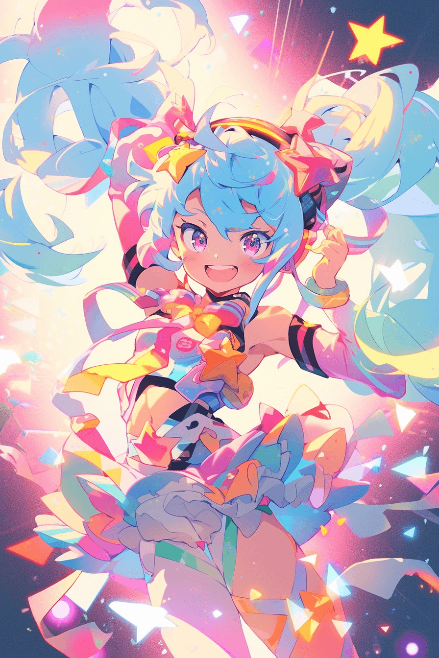 AI generated: Pan Shot, a playful anime character dissolving into sparkling, magical particles, transforming into ...