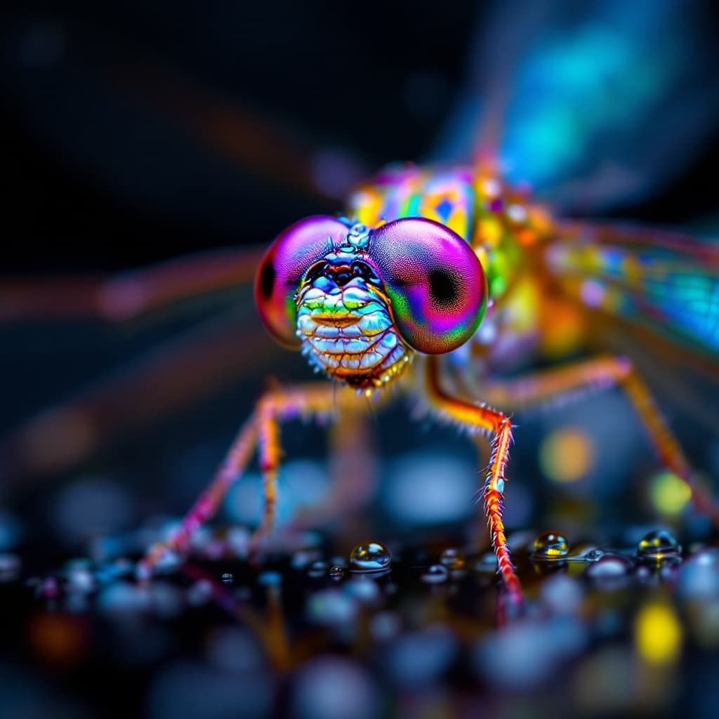 AI generated: Highly detailed macro shot of a dragonfly in vivid bright colours and droplets of water, enhanced te...