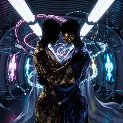 AI generated video:  classic art noir vintage print with high-tech futuristic elements. In a mystically entwined embrace...