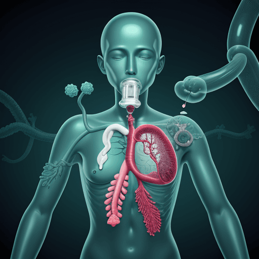 AI generated: Academic image, bust of a human with intubated lungs surrounded by microorganisms, representing the ...