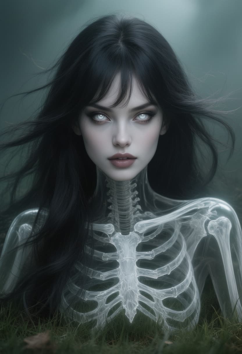 AI generated: create a portrait of a beautiful striking girl, laying on grass behind a dark foggy green scenery th...