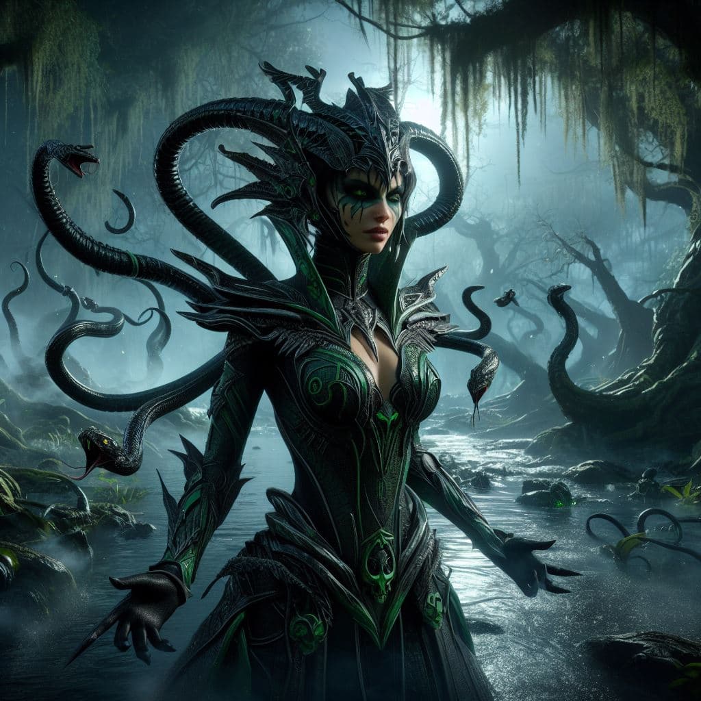 AI generated: In this portrait, Serqet is shown in her Poison skin, standing in a dark and murky swamp. The enviro...
