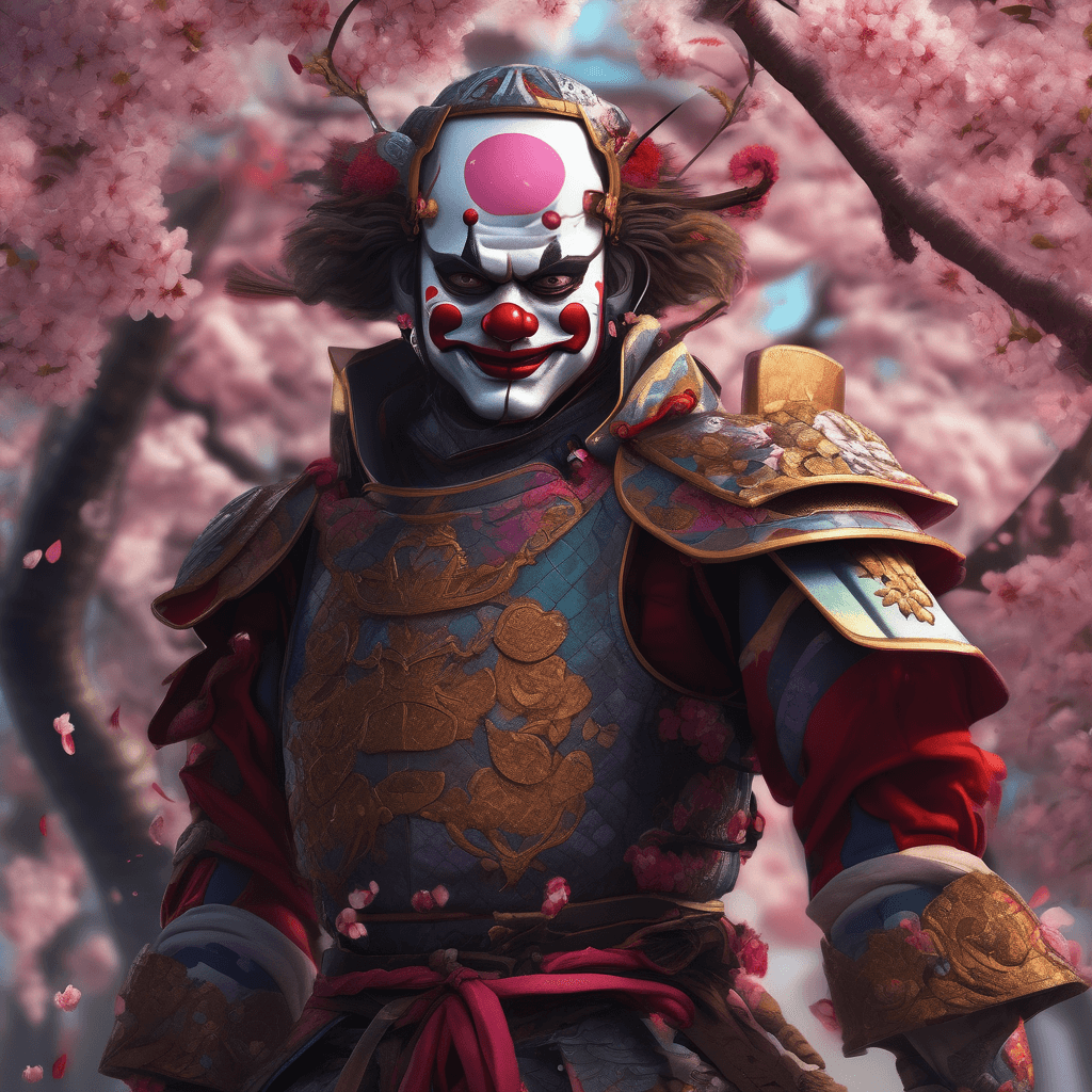 AI generated: Realistic digital portrait of a Clown Samurai, wearing colorful dramatic traditional samurai armor b...