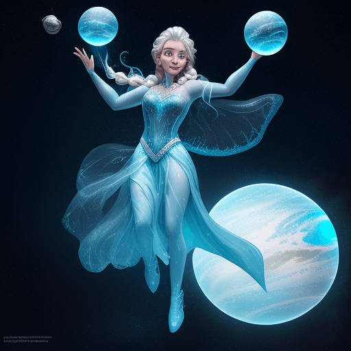 AI generated: Hyper realistic picture of Elsa like a God flying in space with planets floating around Elsa, flying...