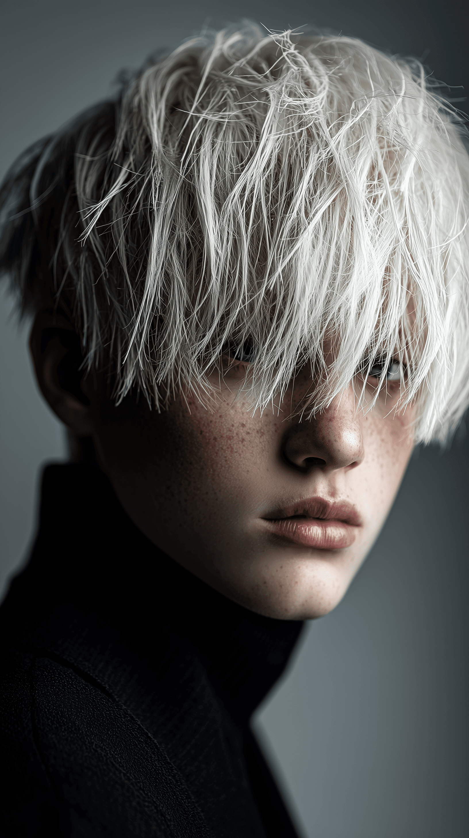 AI generated: editorial photography, front central composition, slavic young boy model, textured mushroom cut with...