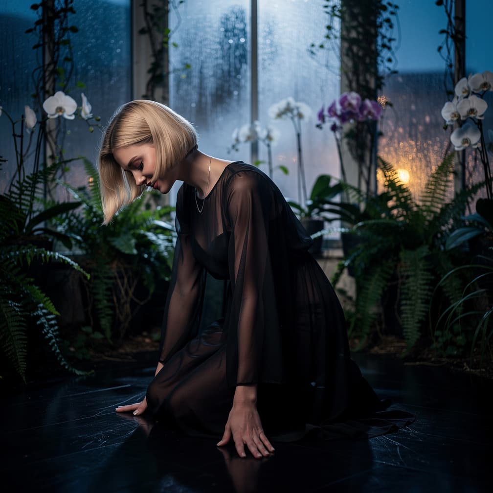 AI generated: The same youthful blonde bob model kneels forward elegantly on polished ebony floors in a moonlit co...