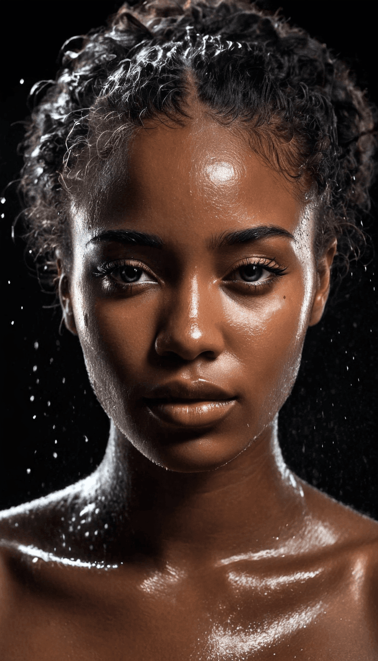AI generated: fashion editorial, a portrait of a young beautiful black woman in water drops, wet hair and skeen, m...