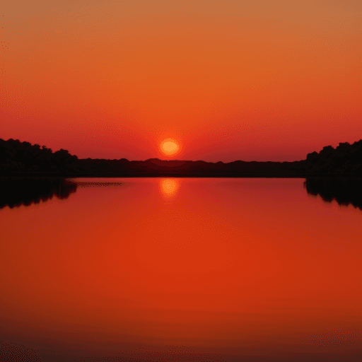 AI generated: lake with orange sunset, --ar 9:19, arte anime, --quality.25, --chaoo 100, --not persons