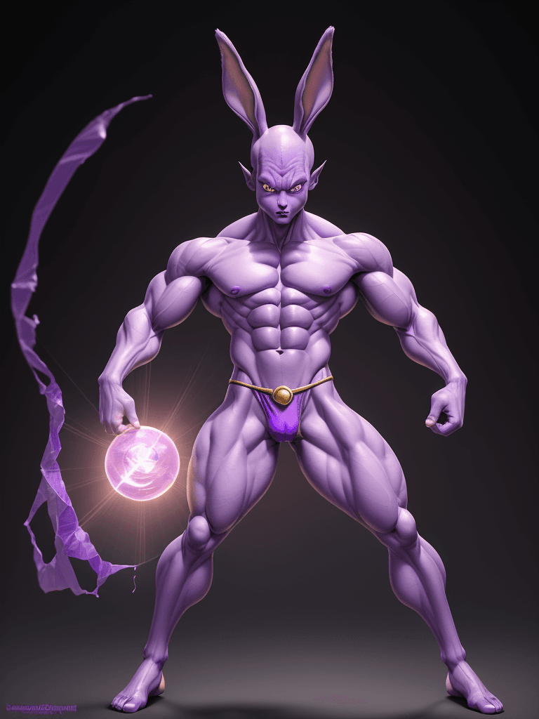 AI generated: Beerus the God of Destruction, purple complexion, big muscles and big thighs, in his thirties, He we...