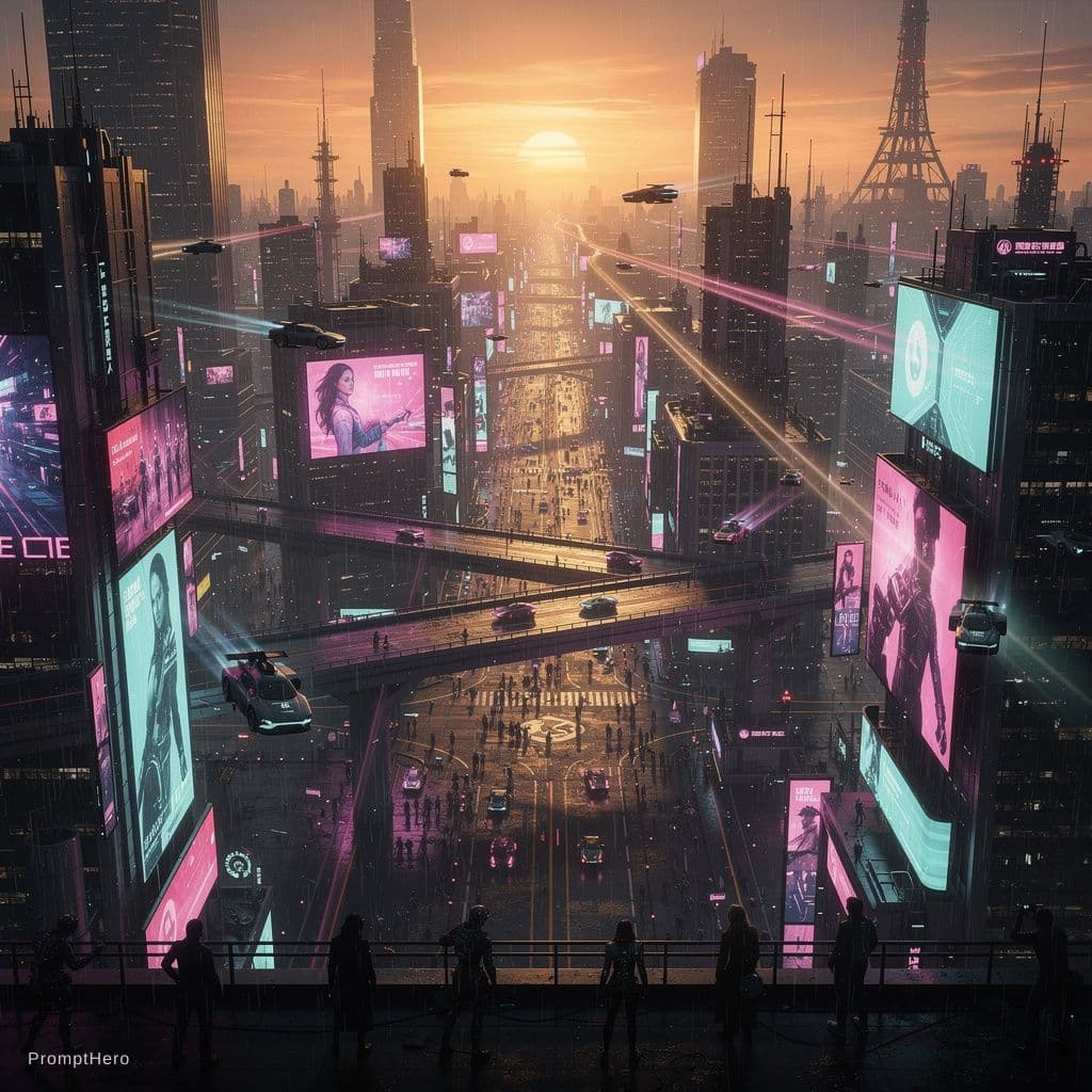 AI generated: A cyberpunk city at sunset